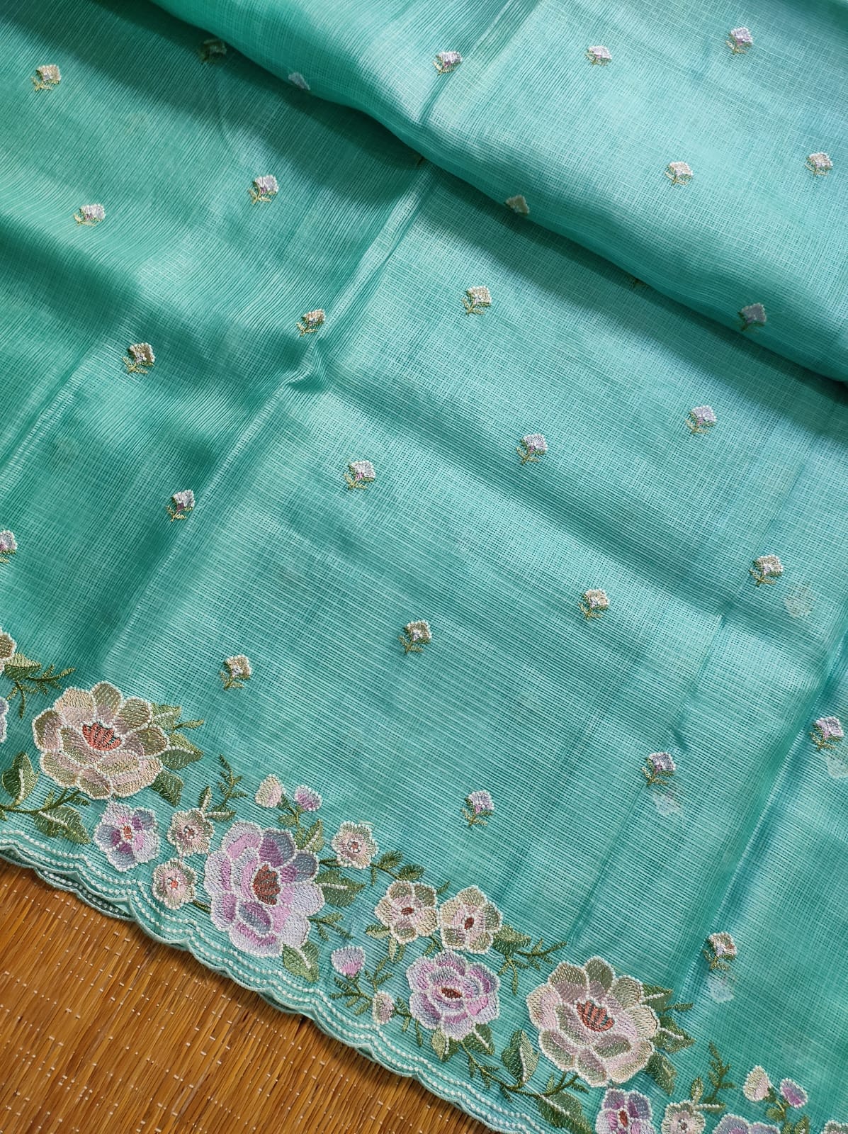 Pure Tussar Kota Silk Saree with Mina Floral Cutwork Scallop Border Embroidery Work - Resham Wala