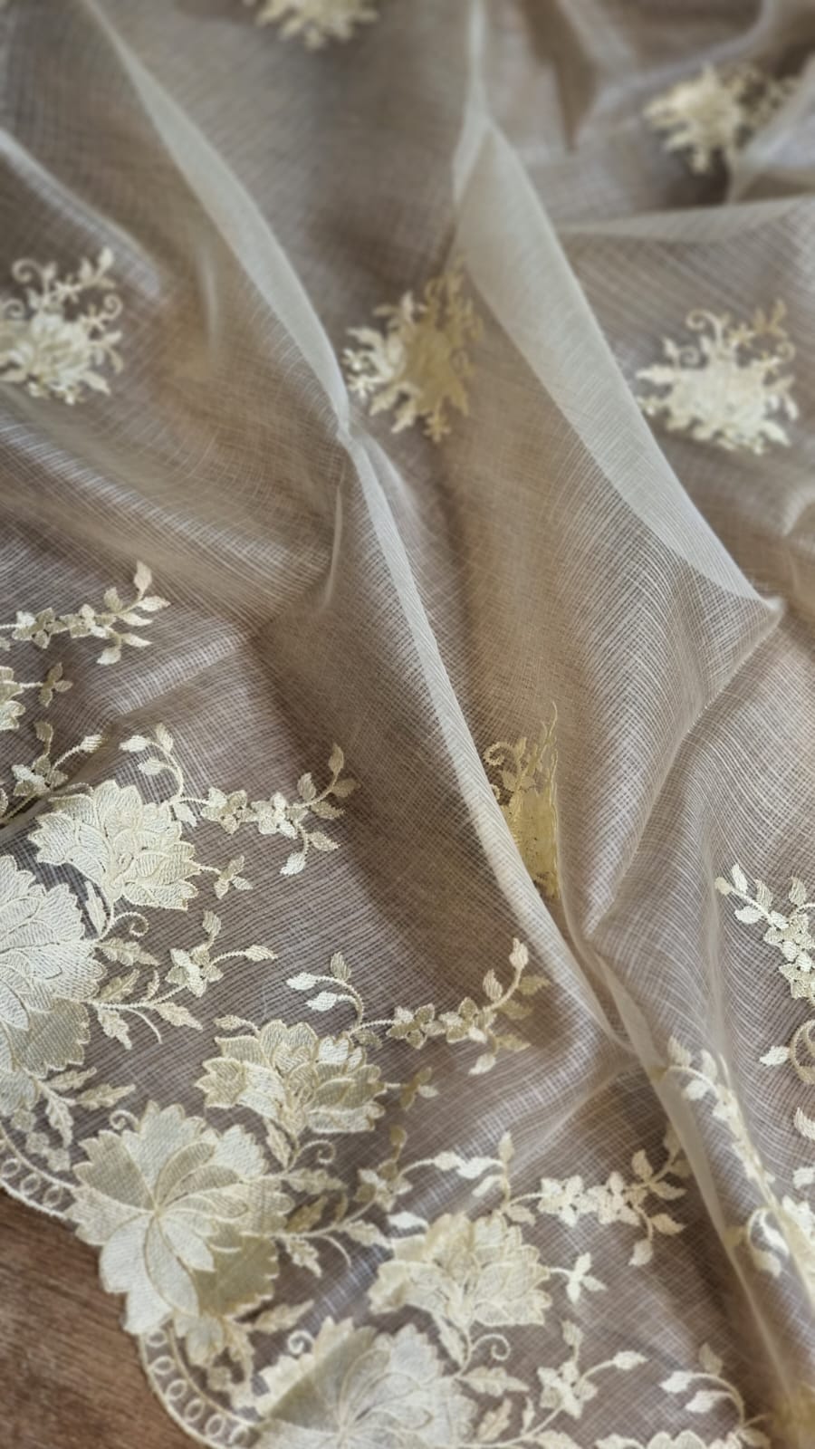 Pure Tussar Kota Silk Embroidery Saree Cutwork Scallop Border and blouse - Resham Wala