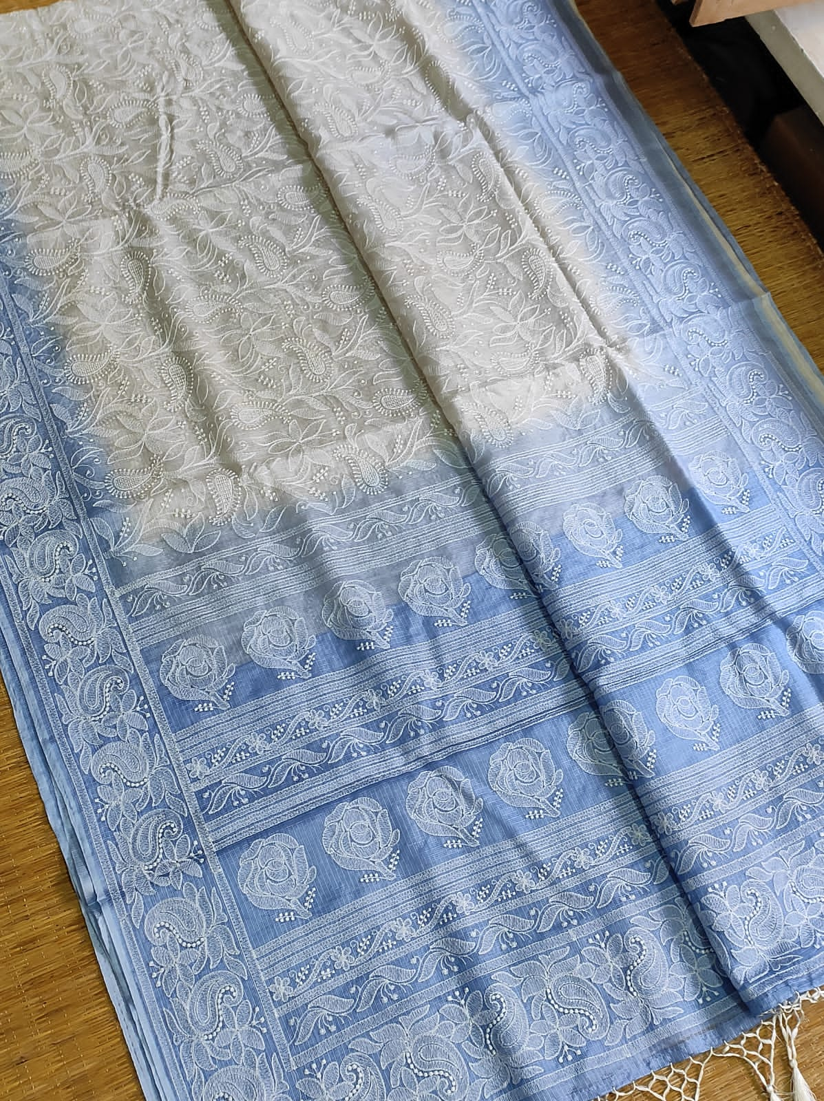 Pure Tusser Kota Silk Saree with Heavy Chikankari Embroidery Work