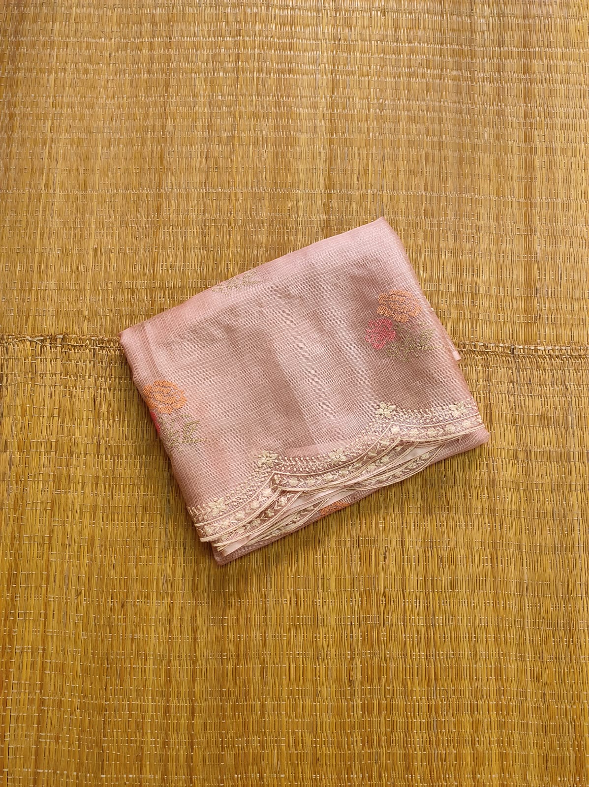 Pure Tussar Kota Silk Saree with Cross-stitch Buta and Scallop Edging Embroidery Work - Resham Wala