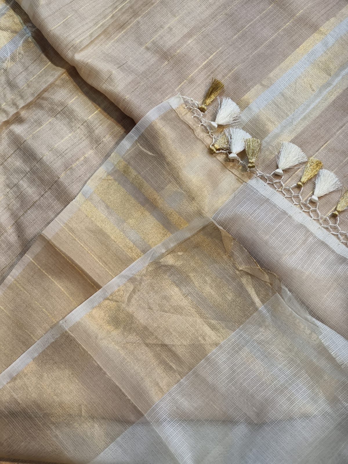 Pure Tussar Kota Silk Embroidery Chikankari Saree with Double Ghiccha pallu and special tassels - Resham Wala