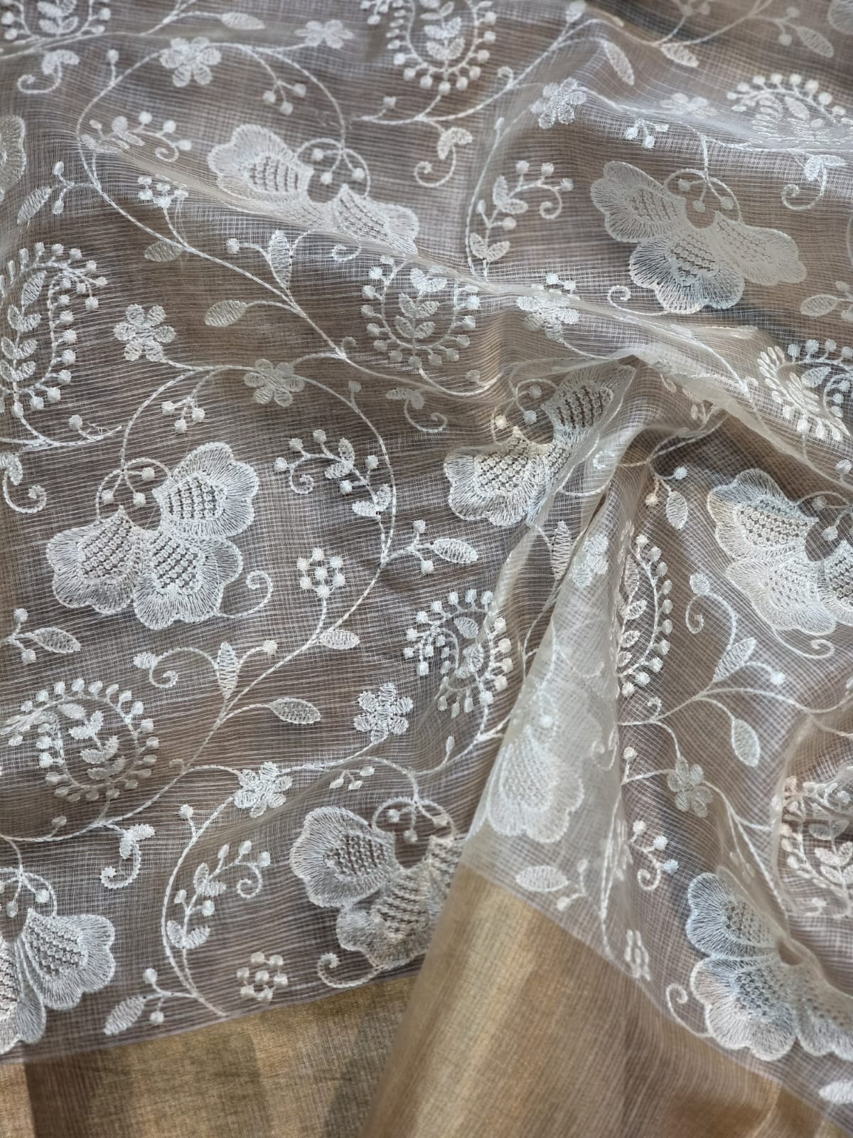 Pure Tussar Kota Silk Embroidery Chikankari Saree with Double Ghiccha pallu and special tassels - Resham Wala