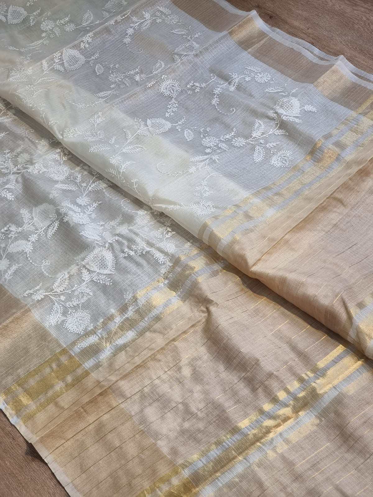 Pure Tussar Kota Silk Embroidery Chikankari Saree with Double Ghiccha pallu and special tassels - Resham Wala