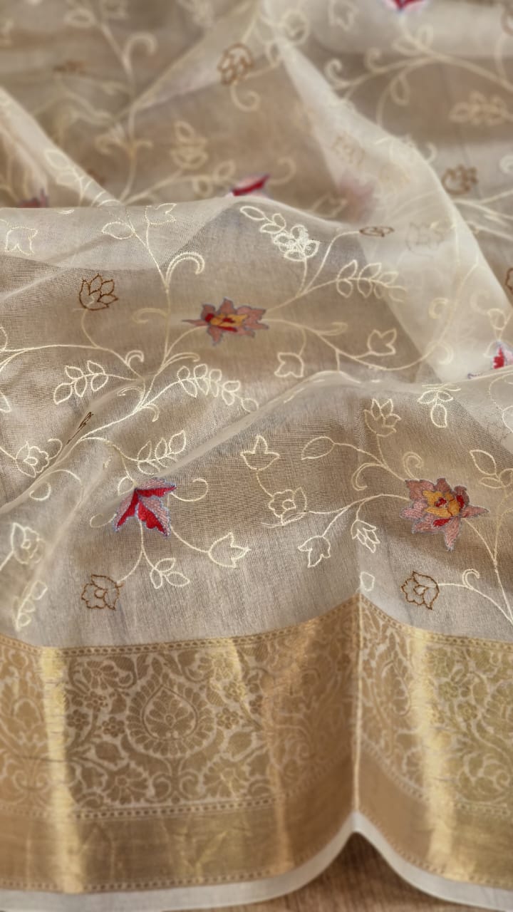 Pure Organza Silk Banarasi Border Minimalist Desing Embroidery with special tassels and blouse - Resham Wala