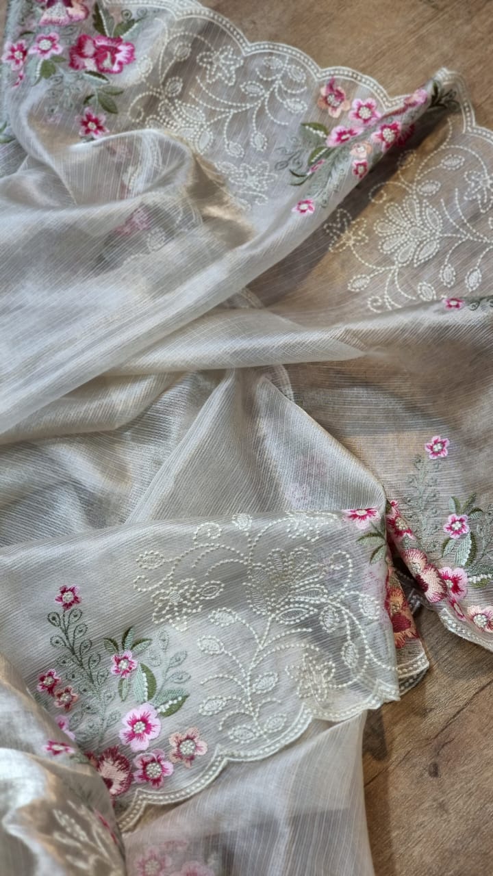 Pure Tissue Silk Stripe Embroidery Cutwork Border Scallop Saree - Resham Wala