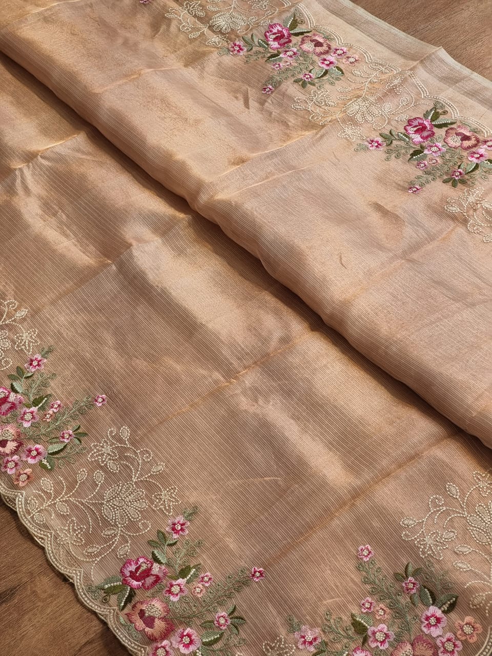 Pure Tissue Silk Stripe Embroidery Cutwork Border Scallop Saree - Resham Wala