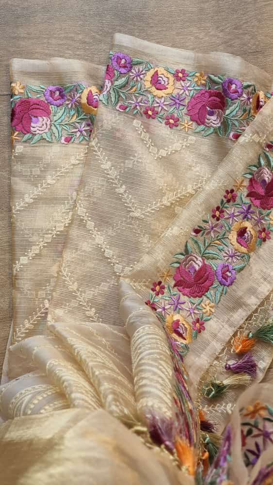 Muslin Embroidery Saree/ Primium Quality Handcrafted Muslin Saree With Parsi  Embrodery Work, Alloverbody Sequence Weaving. - Etsy