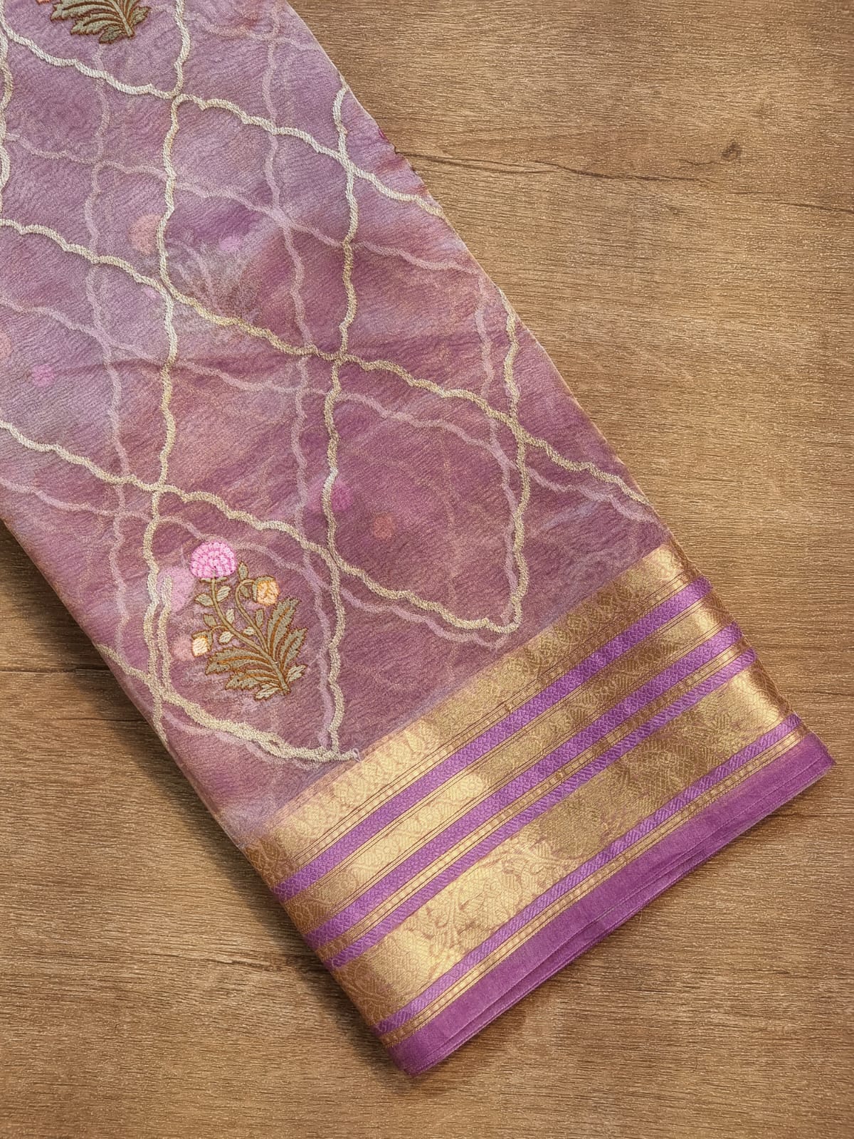 Pure Organza Tissue jaal Embroidery Saree with Banarasi katan zari border and special tassels - Resham Wala