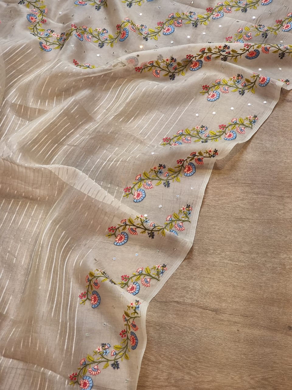 Pure Organza Silk Stripe Embroidery Border Saree with mirror work and special tassels - Resham Wala