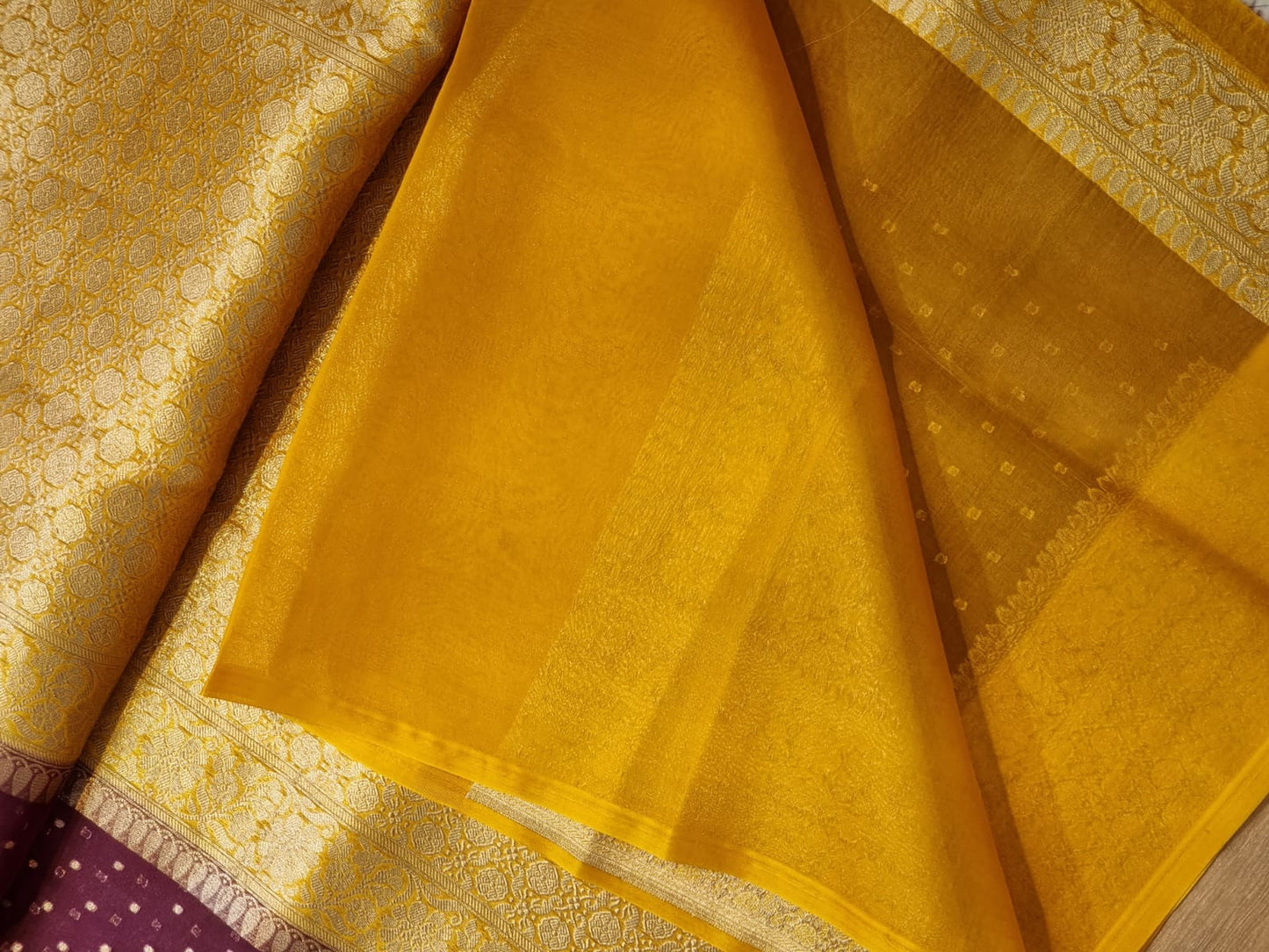Handwoven Banarasi Pure Kora Silk Saree with contrast border Pallu and blouse with special tassels