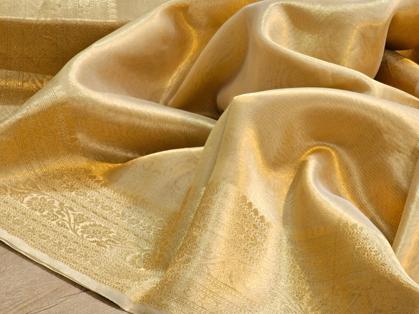 Double Tissue Pure Silk Saree in Beige Golden with Kanjivaram Border, Tassels & Running Blouse" - Resham Wala