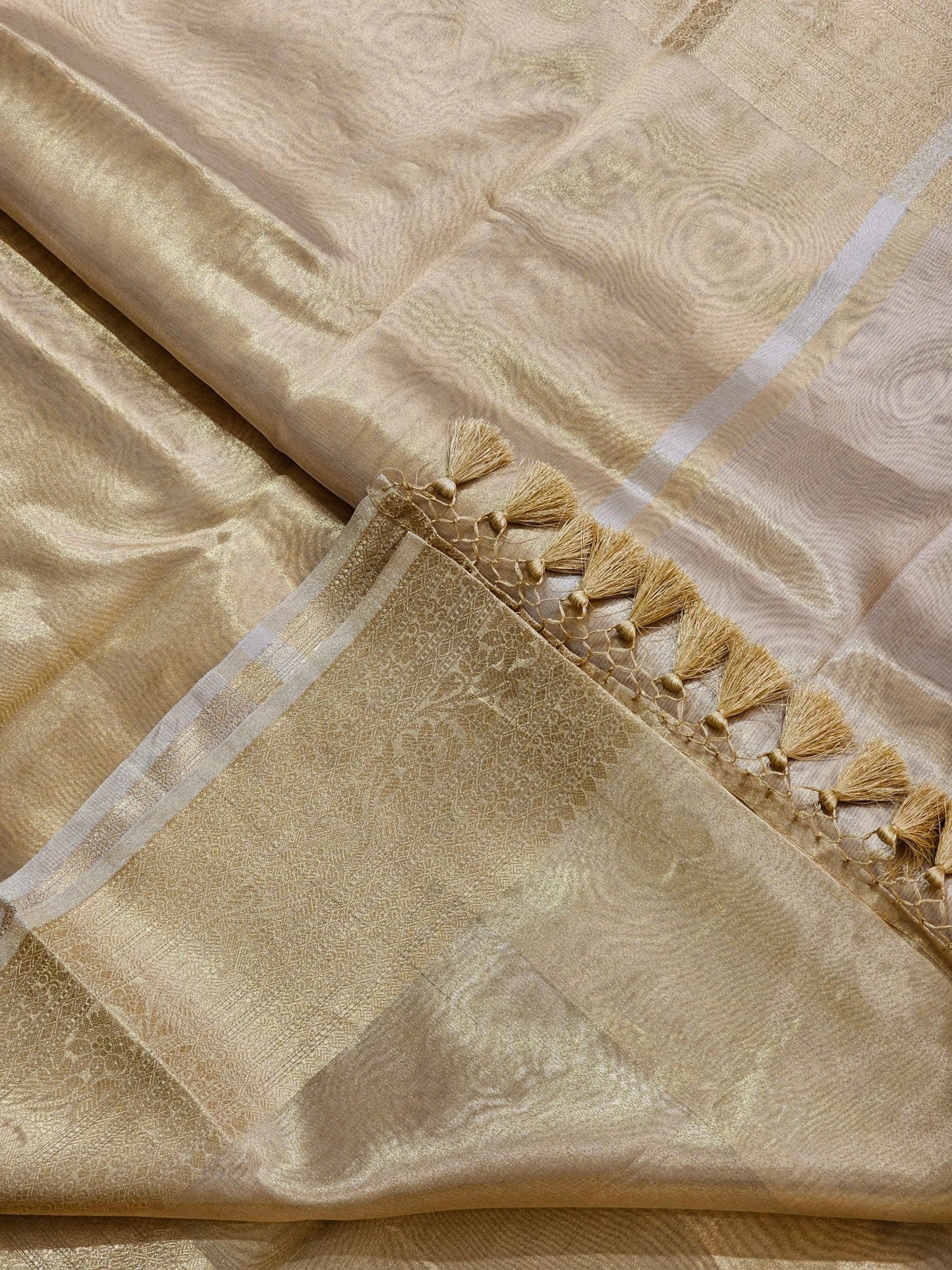 Double Tissue Pure Silk Saree in Beige Golden with Kanjivaram Border, Tassels & Running Blouse" - Resham Wala