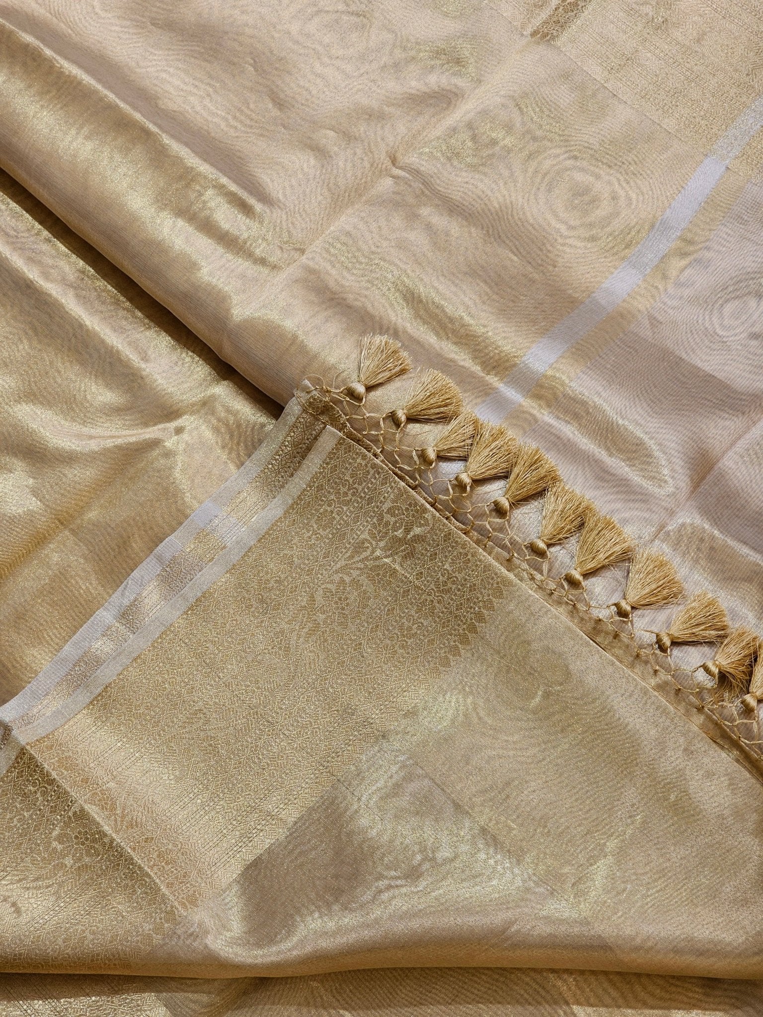Double Tissue Pure Silk Saree in Beige Golden with Kanjivaram Border, Tassels & Running Blouse" - Resham Wala