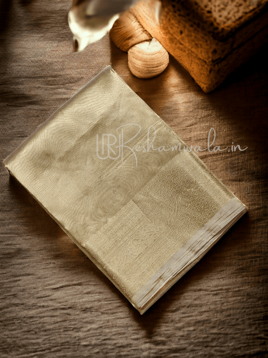 Double Tissue Pure Silk Saree in Beige Golden with Kanjivaram Border, Tassels & Running Blouse" - Resham Wala