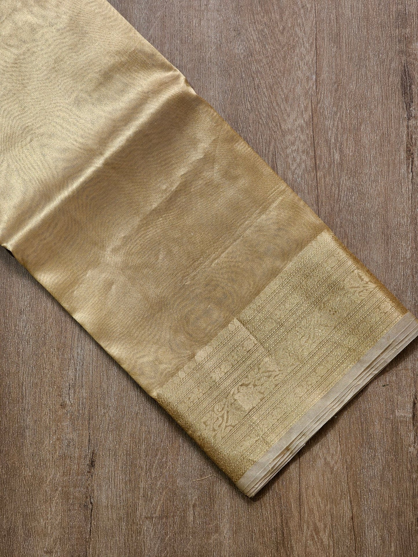 Double Tissue Pure Silk Saree in Beige Golden with Kanjivaram Border, Tassels & Running Blouse" - Resham Wala