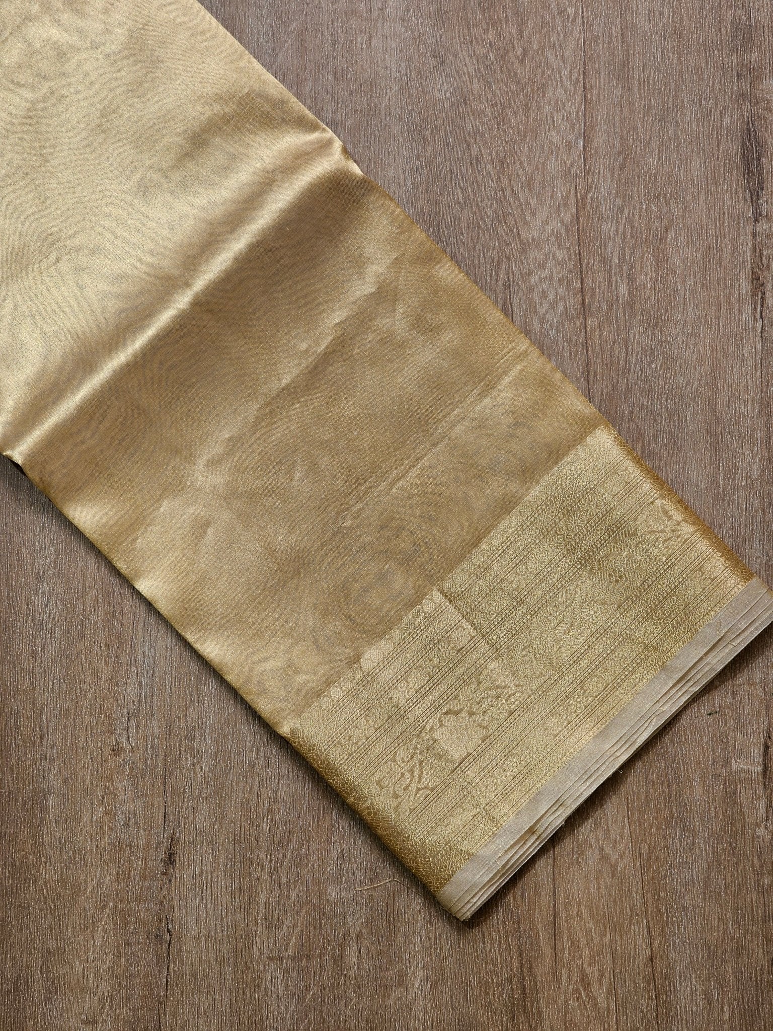 Double Tissue Pure Silk Saree in Beige Golden with Kanjivaram Border, Tassels & Running Blouse" - Resham Wala