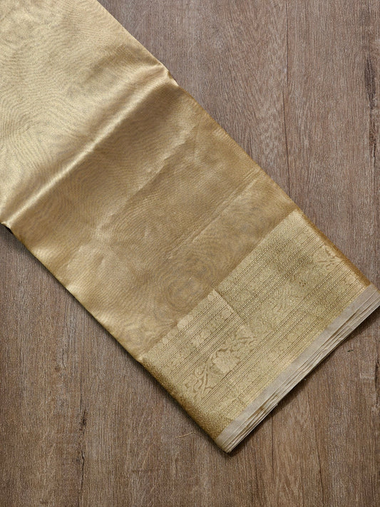Double Tissue Pure Silk Saree in Beige Golden with Kanjivaram Border, Tassels & Running Blouse" - Resham Wala