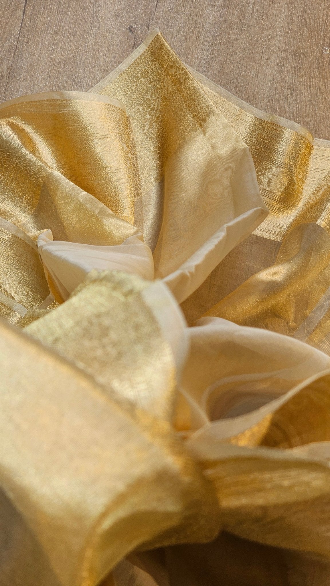 Double Tissue Pure Silk Saree in Beige Golden with Kanjivaram Border, Tassels & Running Blouse" - Resham Wala