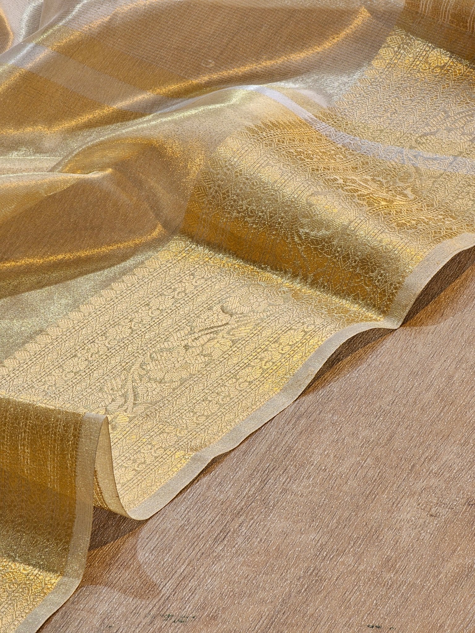Double Tissue Pure Silk Saree in Beige Golden with Kanjivaram Border, Tassels & Running Blouse" - Resham Wala