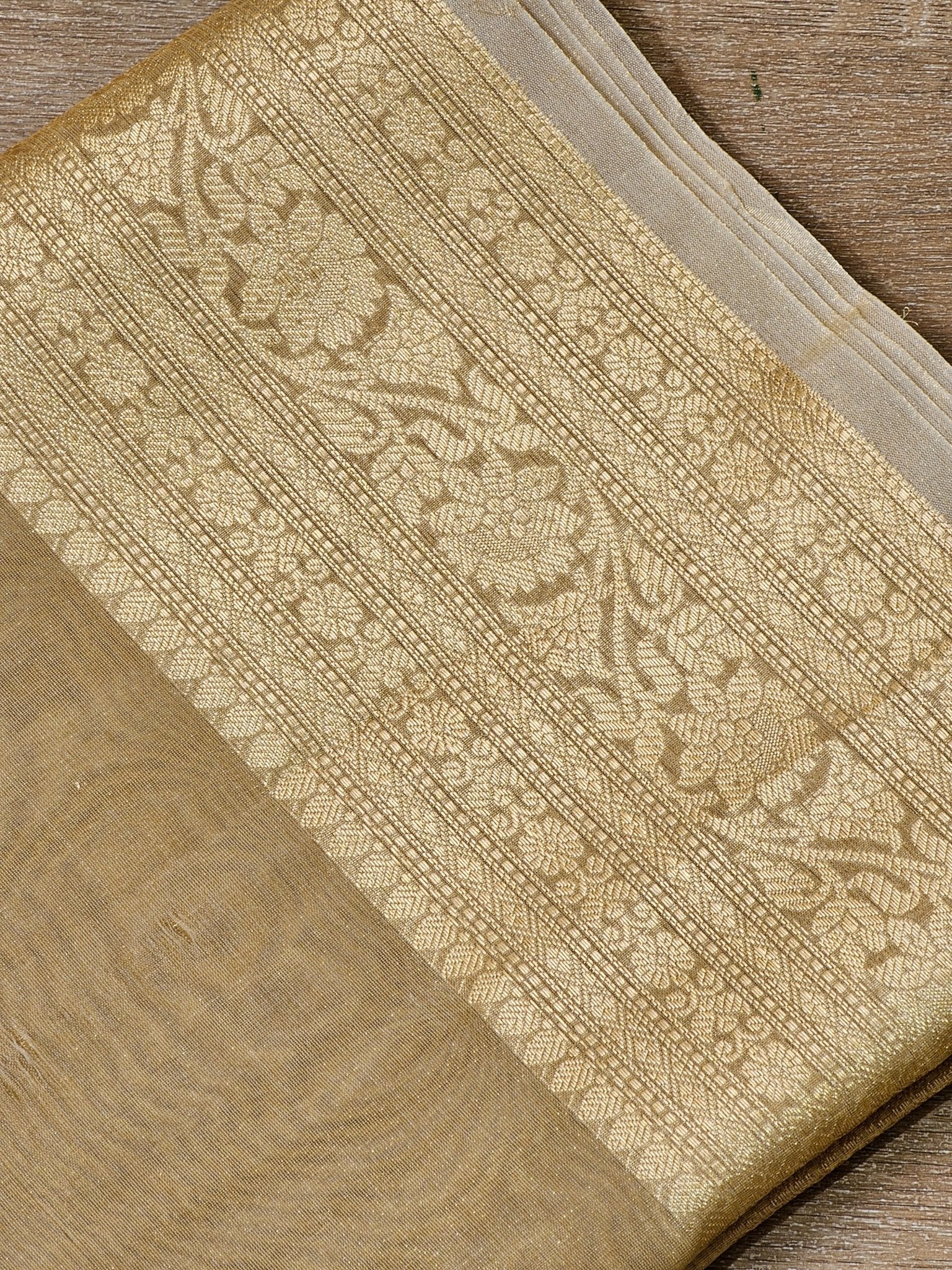 Double Tissue Pure Silk Saree in Beige Golden with Kanjivaram Border, Tassels & Running Blouse" - Resham Wala