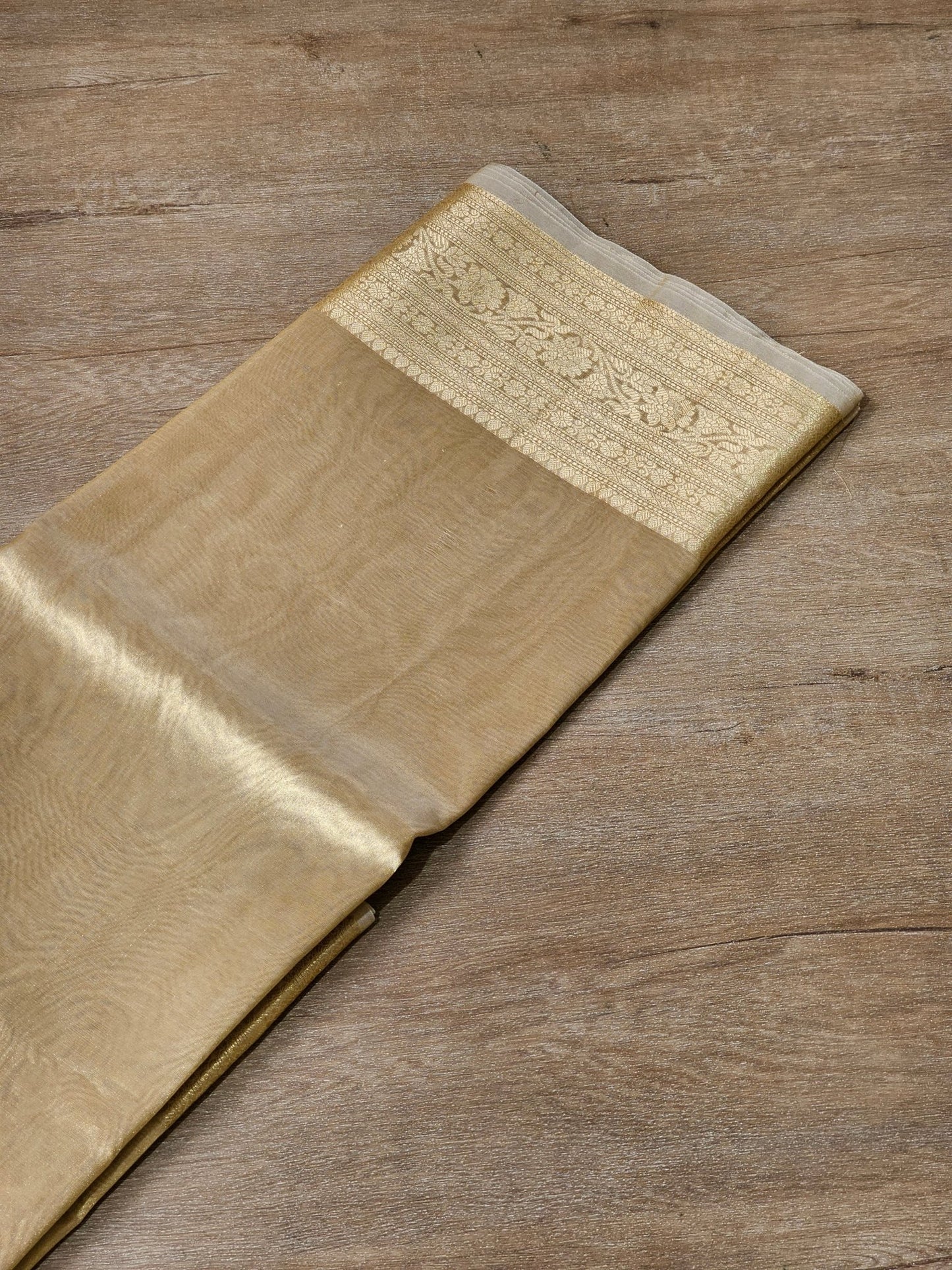 Double Tissue Pure Silk Saree in Beige Golden with Kanjivaram Border, Tassels & Running Blouse" - Resham Wala