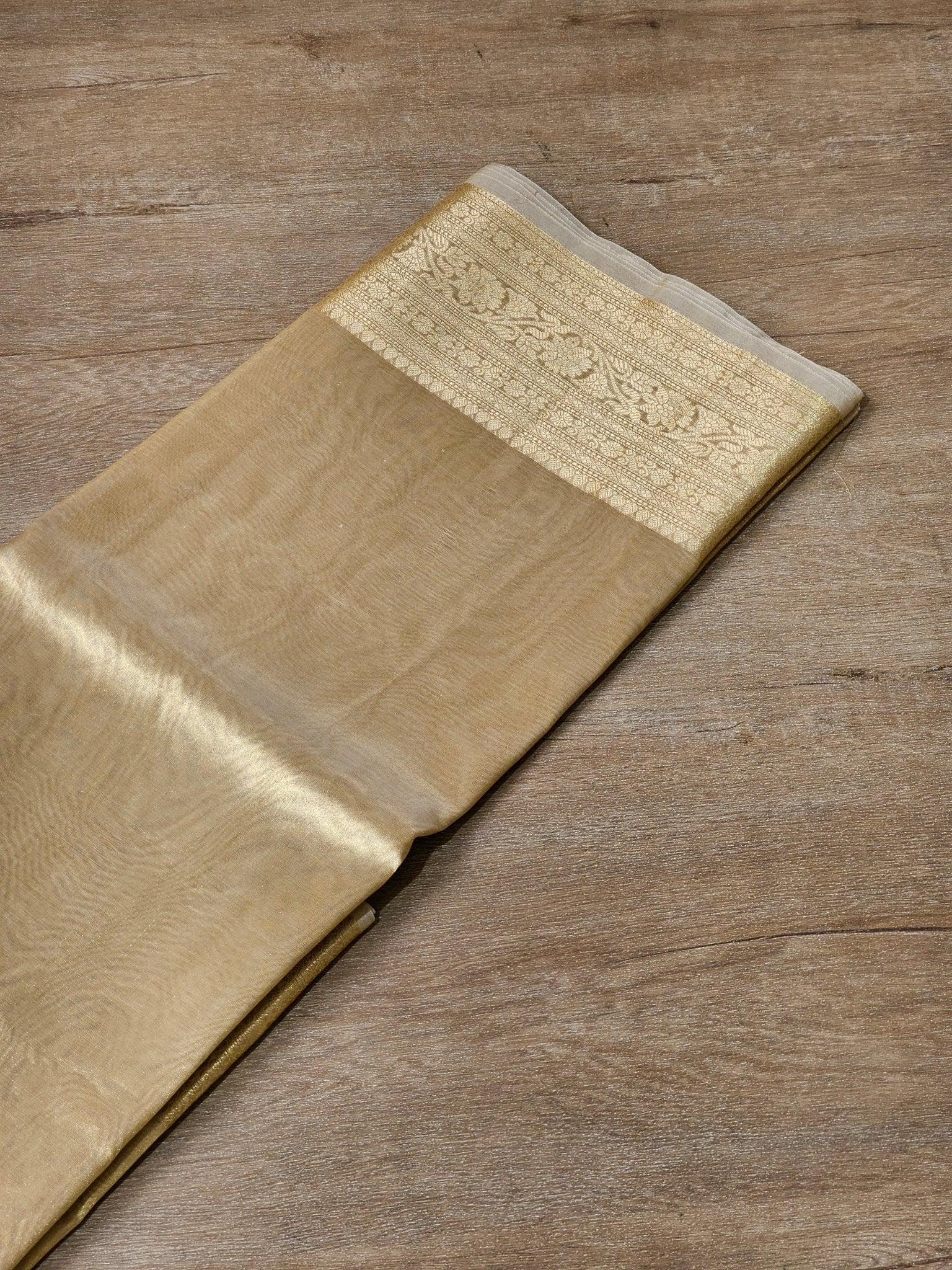 Double Tissue Pure Silk Saree in Beige Golden with Kanjivaram Border, Tassels & Running Blouse" - Resham Wala