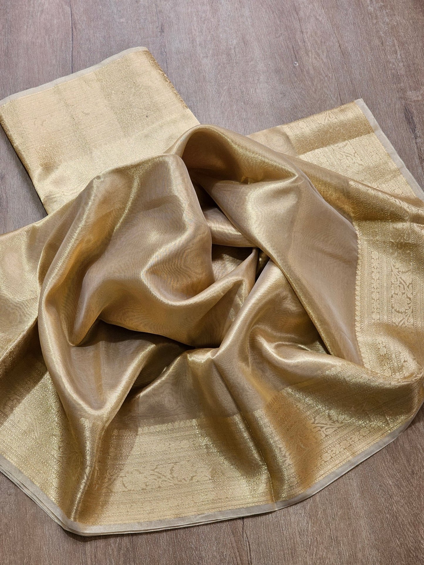 Double Tissue Pure Silk Saree in Beige Golden with Kanjivaram Border, Tassels & Running Blouse" - Resham Wala