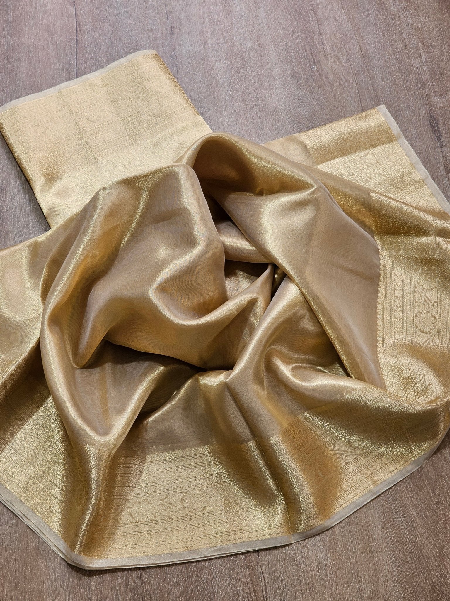 Double Tissue Pure Silk Saree in Beige Golden with Kanjivaram Border, Tassels & Running Blouse" - Resham Wala