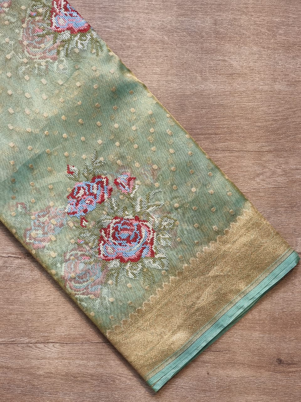 Handwoven Banarasi Pure Tissue Silk Chunri Buti Saree - front full view
