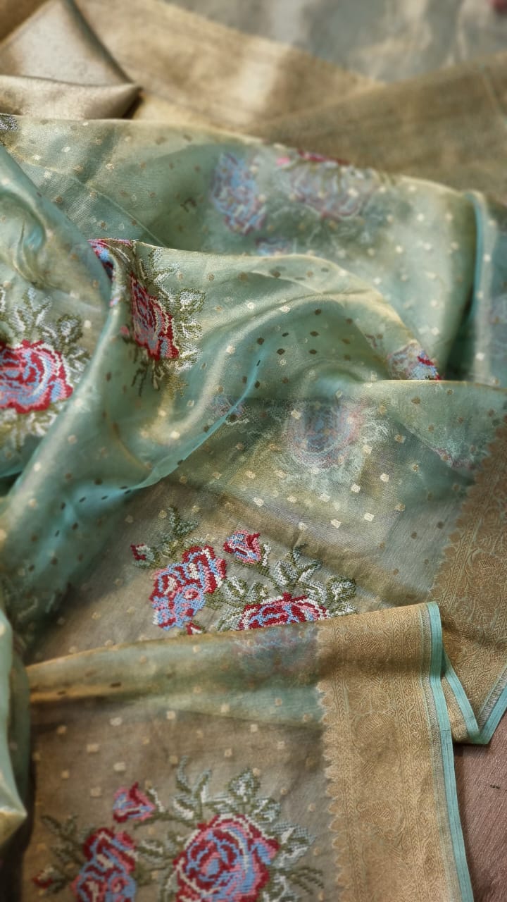 Handwoven Banarasi Pure Tissue Silk Chunri Buti Saree - blouse back detail