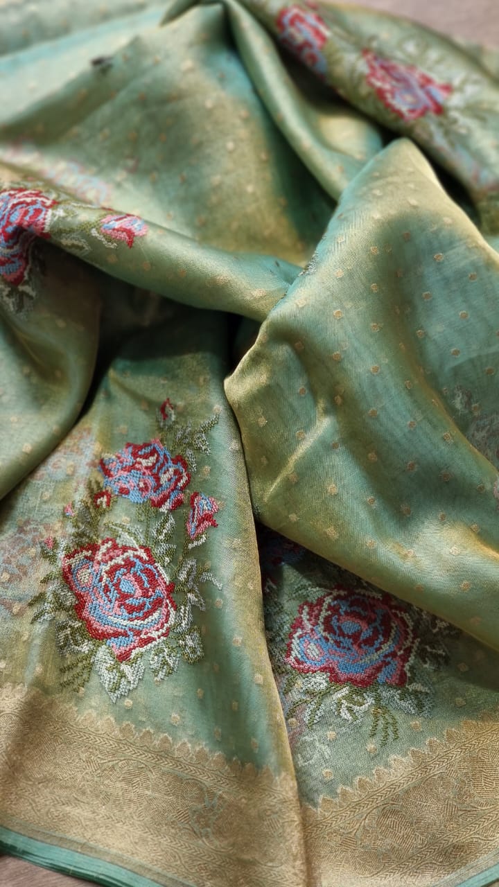 Handwoven Banarasi Pure Tissue Silk Chunri Buti Embroidery Saree with Special Tassels and blouse - Resham Wala