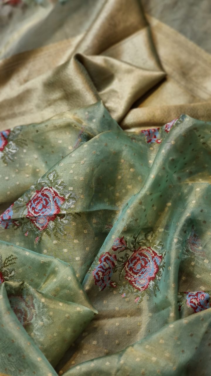 Handwoven Banarasi Pure Tissue Silk Chunri Buti Embroidery Saree with Special Tassels and blouse - Resham Wala