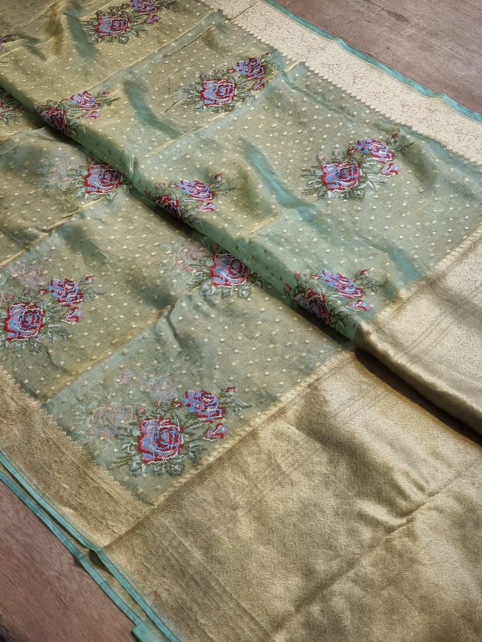 Handwoven Banarasi Pure Tissue Silk Chunri Buti Saree - draped side view