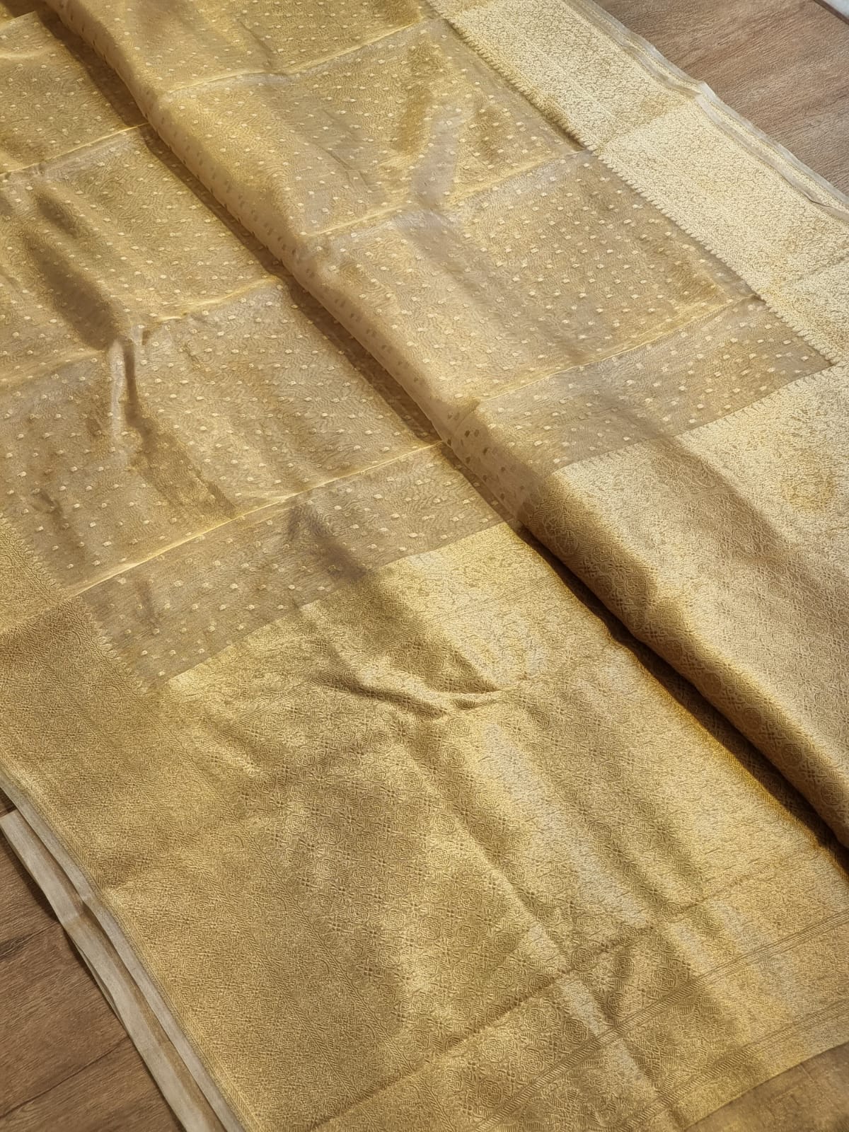 Handwoven pure banarasi kora tissue chunri buti saree With blouse sleeves - Resham Wala