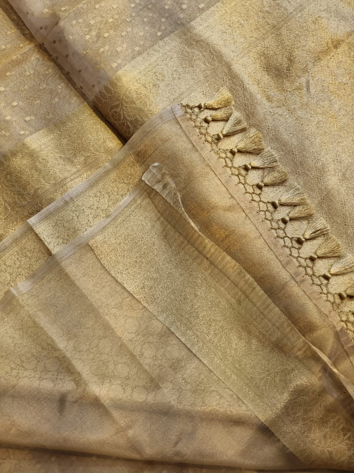 Handwoven Pure Banarasi Kora Tissue Chunri Buti Saree - draped side view