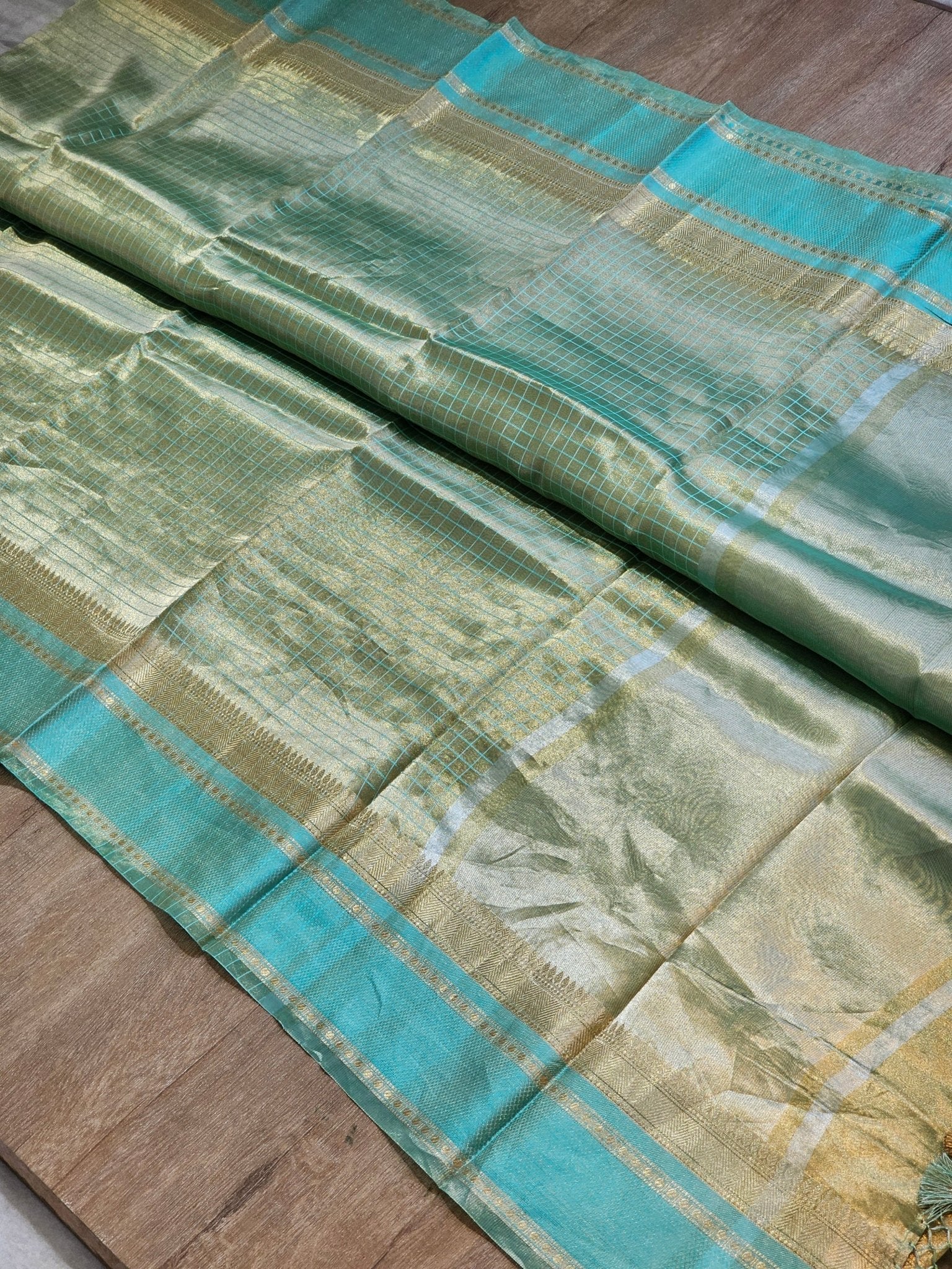 Handwoven Pure Double Tissue Silk Katan Check Saree - draped side view