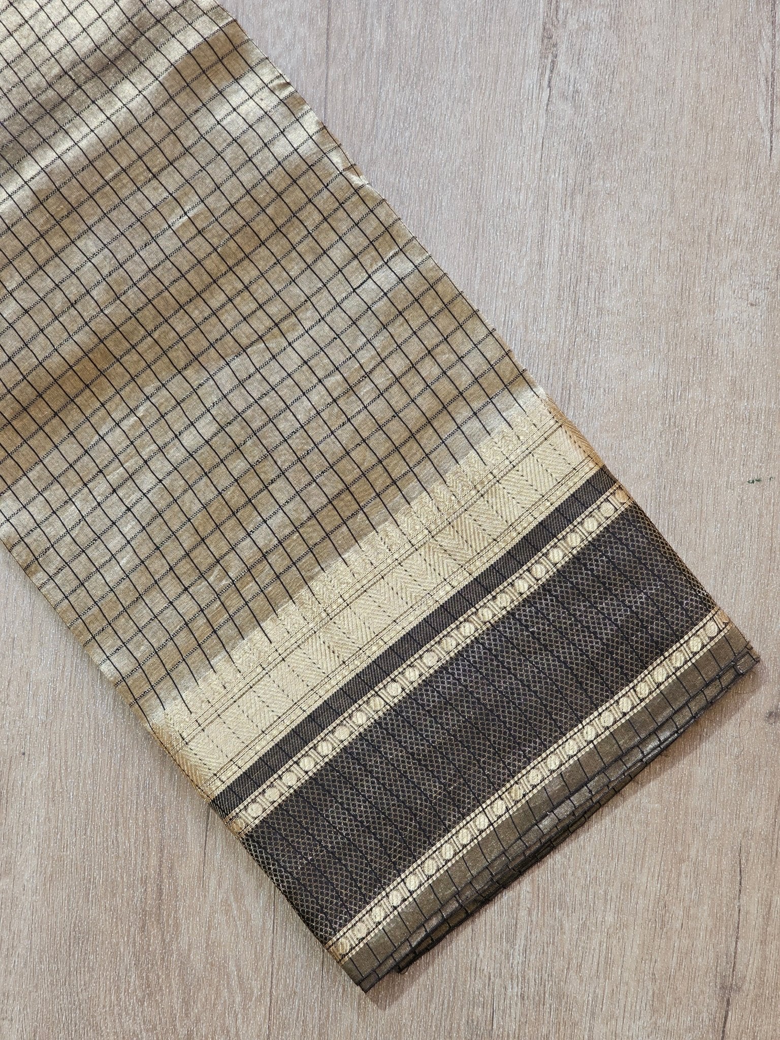 Handwoven Pure Double Tissue Silk Katan Check Saree - model wearing saree with jewellery