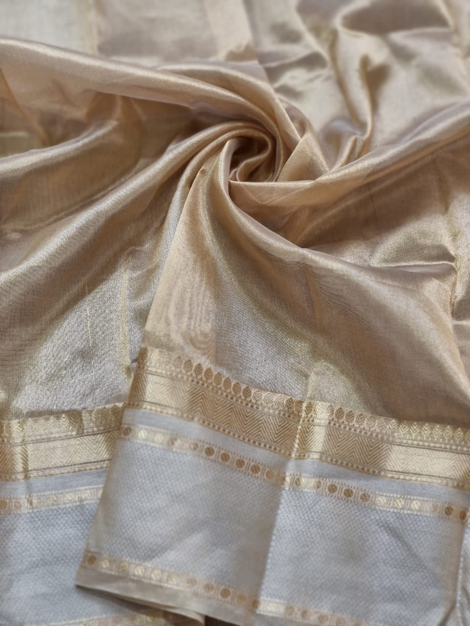 Handwoven Pure Double Tissue Silk Katan Check Saree - Natural Golden shade