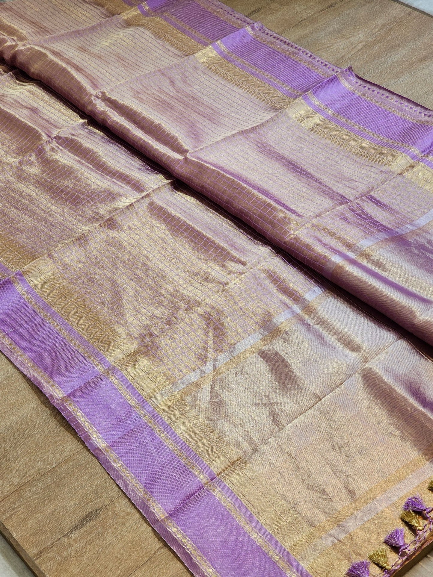 Handwoven Pure Double Tissue Silk Saree with Katan check and Satan border with special tassels and blouse - Resham Wala