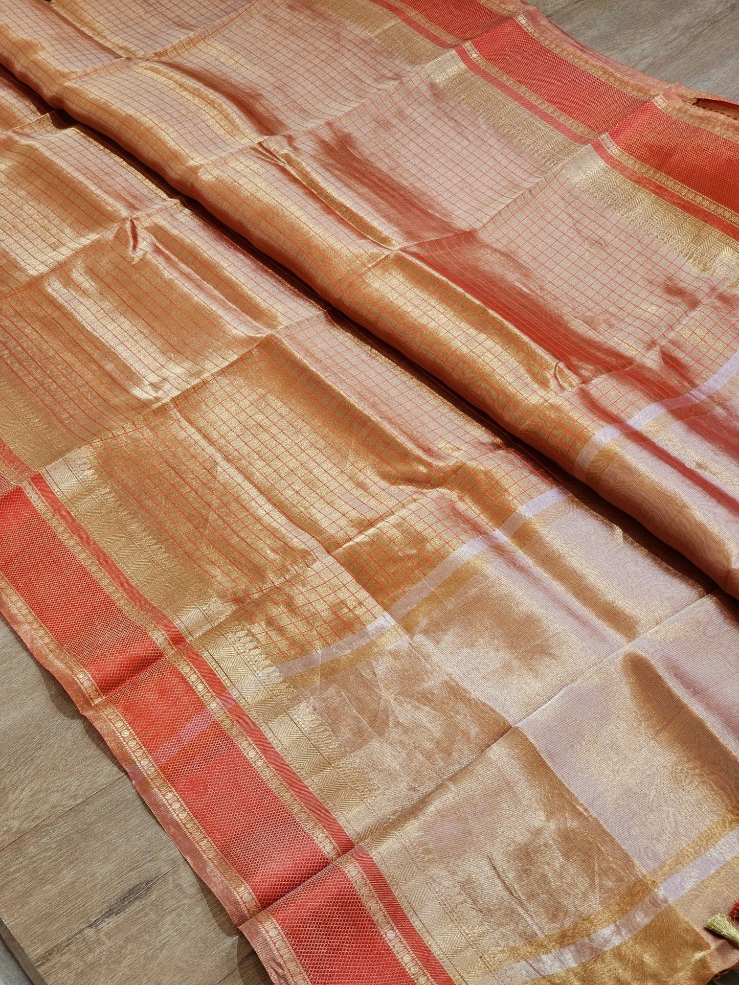 Handwoven Pure Double Tissue Silk Saree with Katan check and Satan border with special tassels and blouse - Resham Wala
