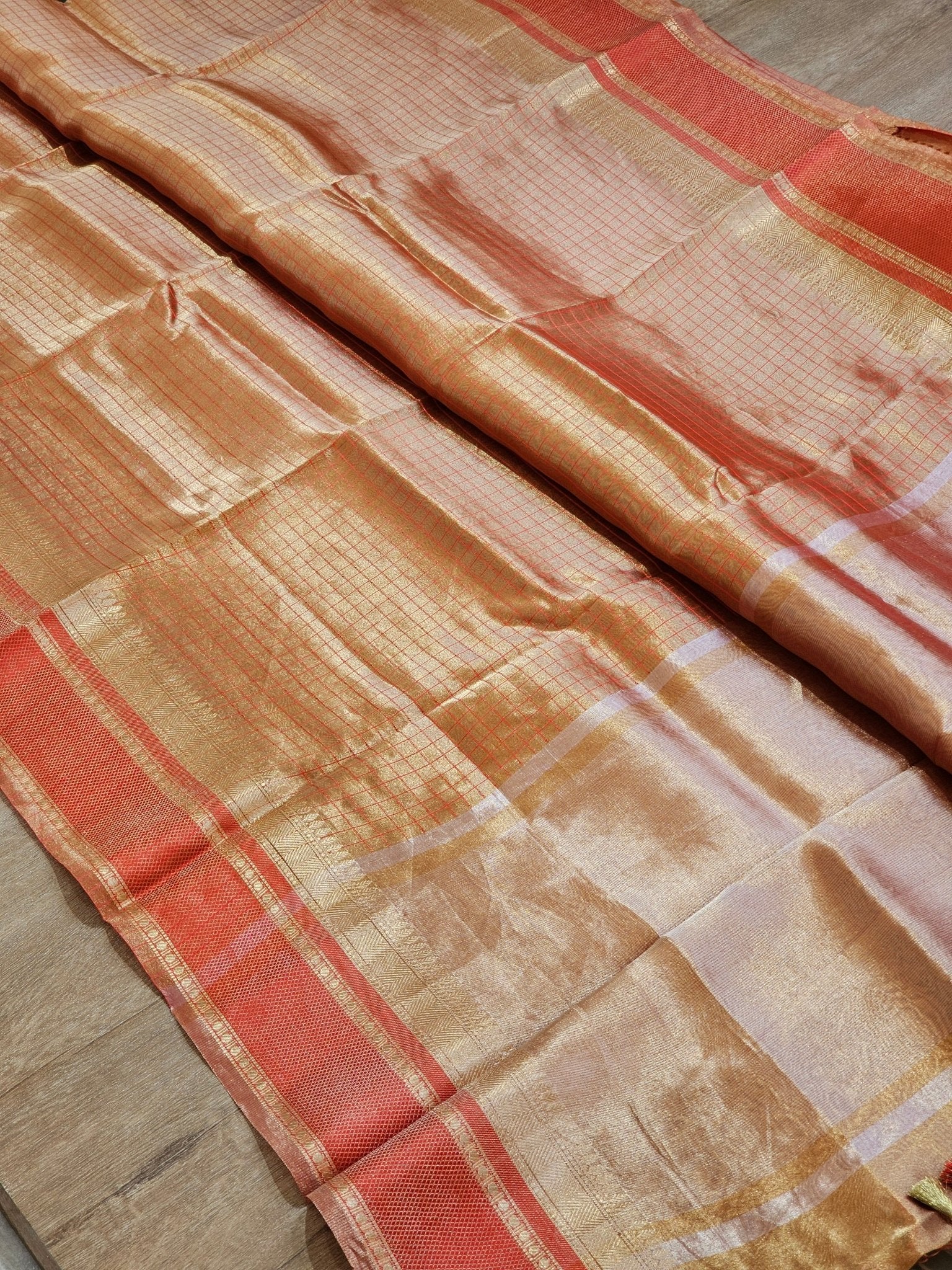 Handwoven Pure Double Tissue Silk Katan Check Saree - Red shade