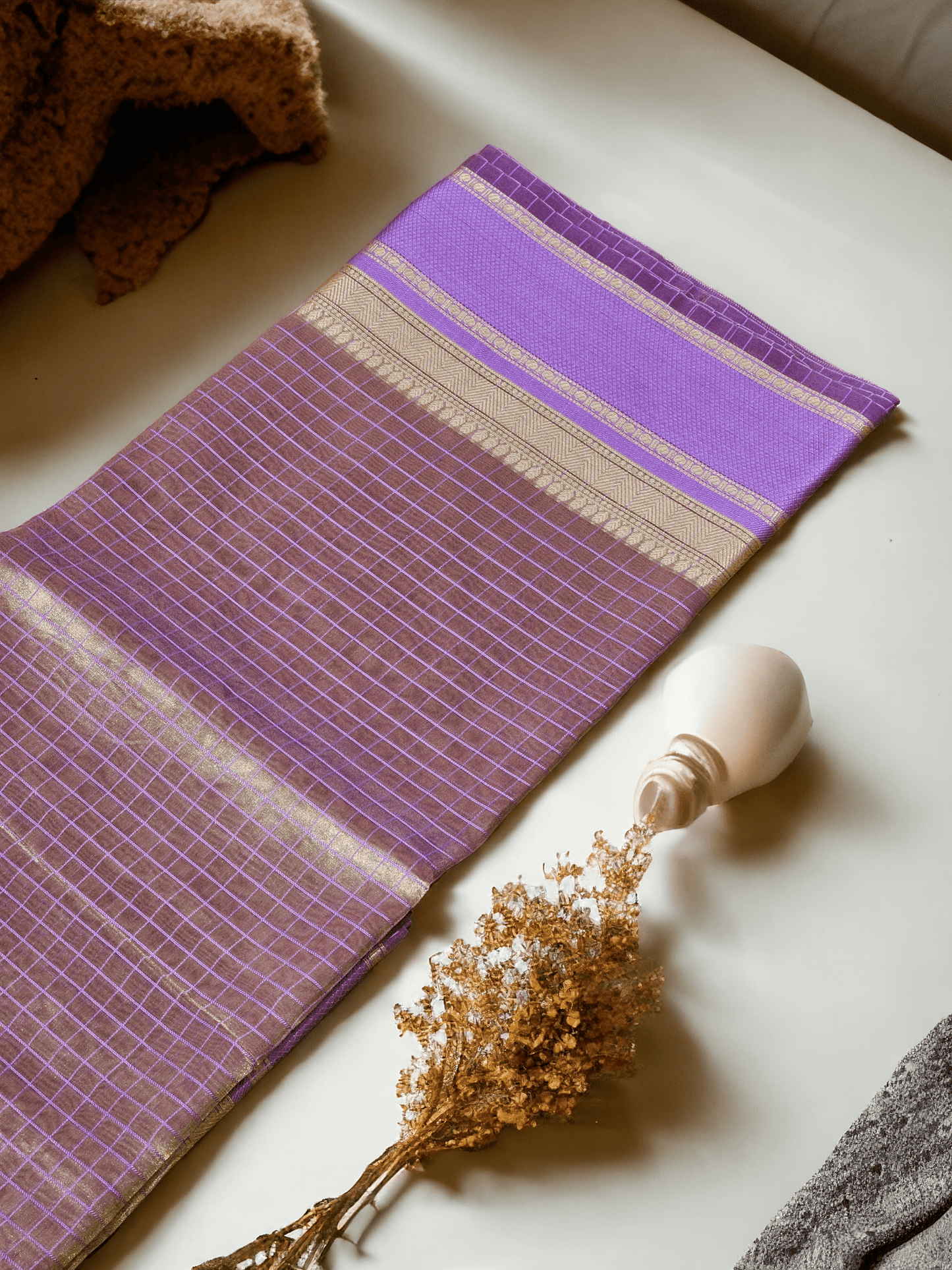 Handwoven Pure Double Tissue Silk Saree with Katan check and Satan border with special tassels and blouse - Resham Wala