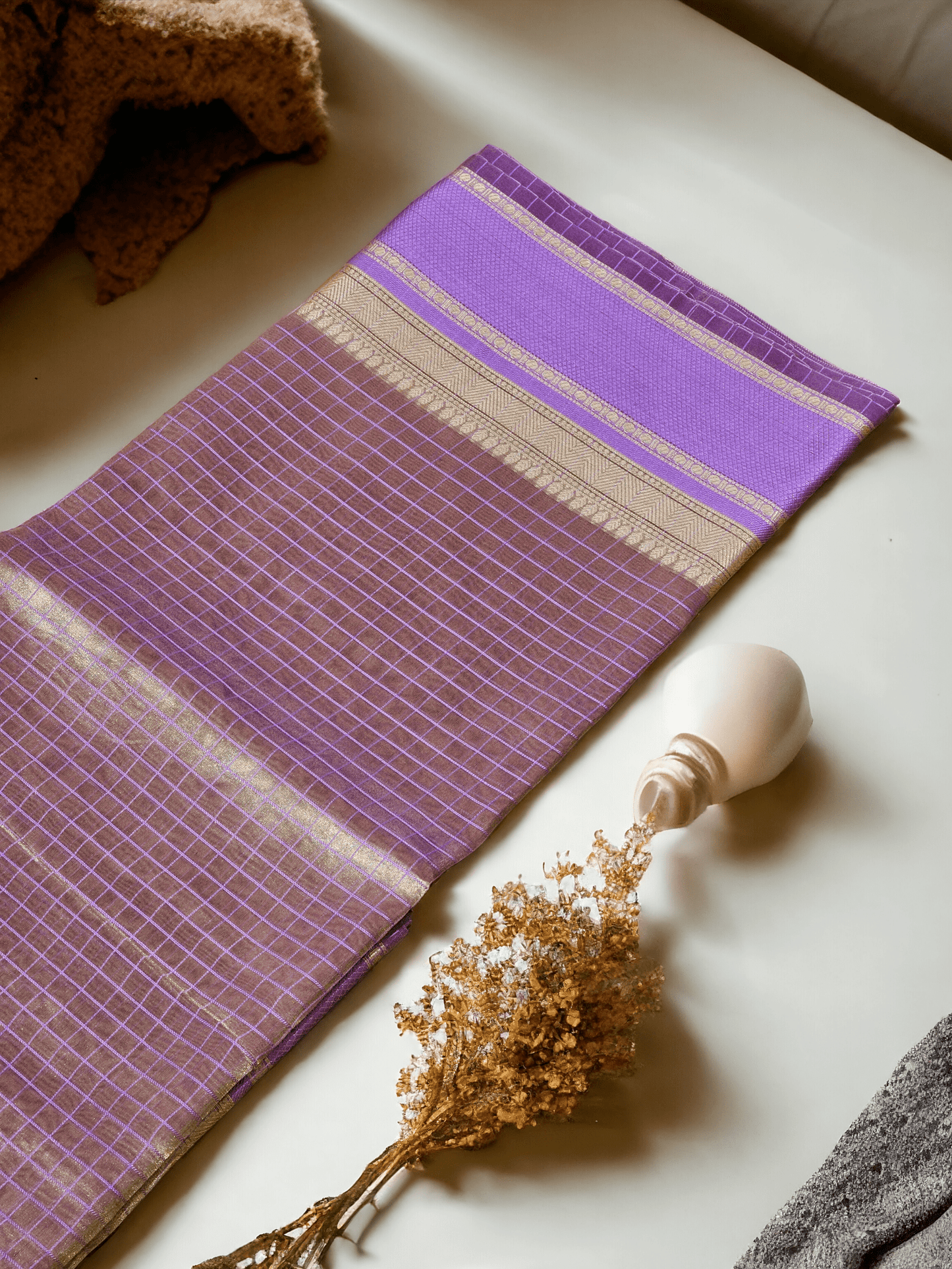 Handwoven Pure Double Tissue Silk Katan Check Saree - Brown shade