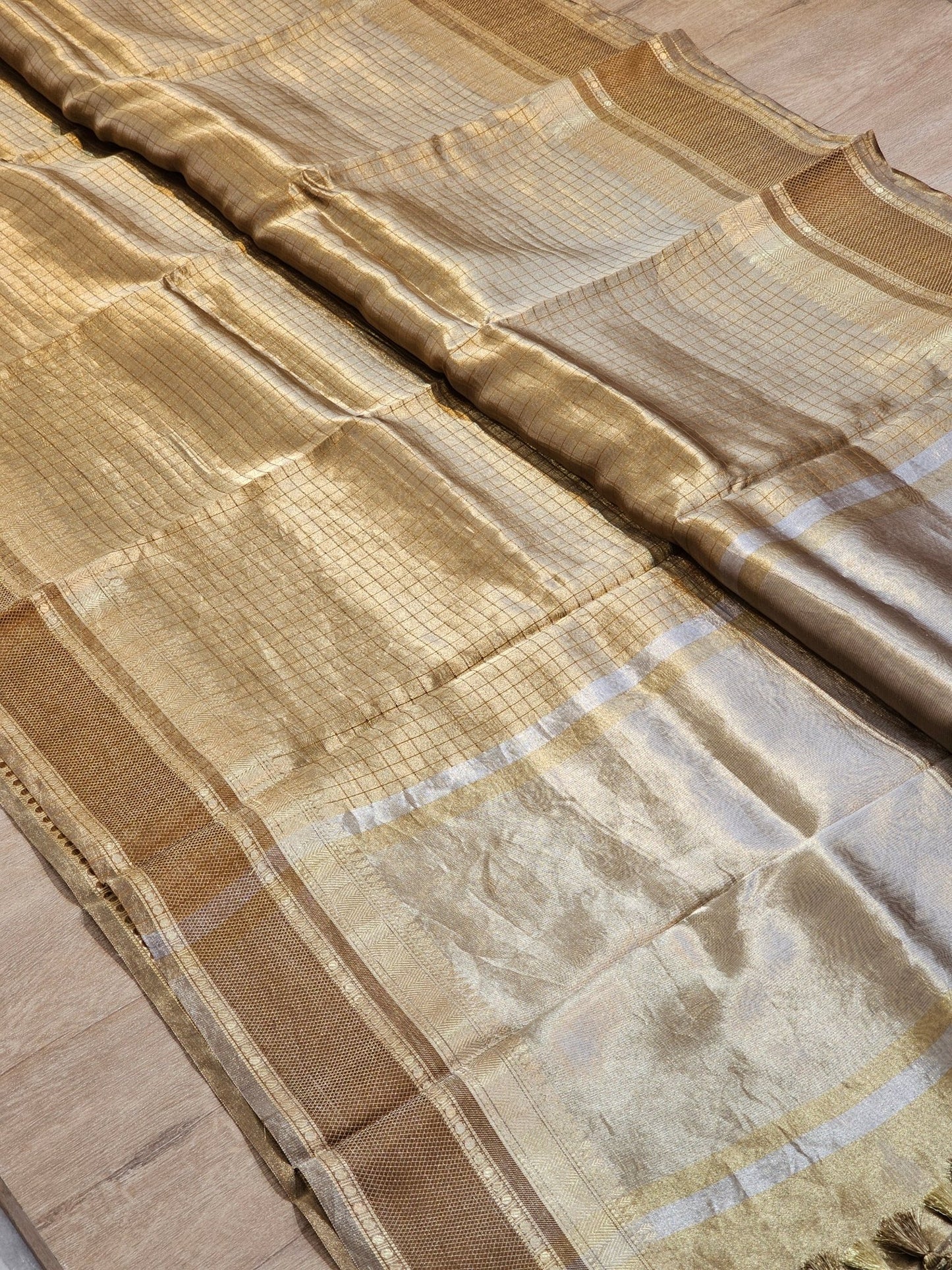 Handwoven Pure Double Tissue Silk Saree with Katan check and Satan border with special tassels and blouse - Resham Wala