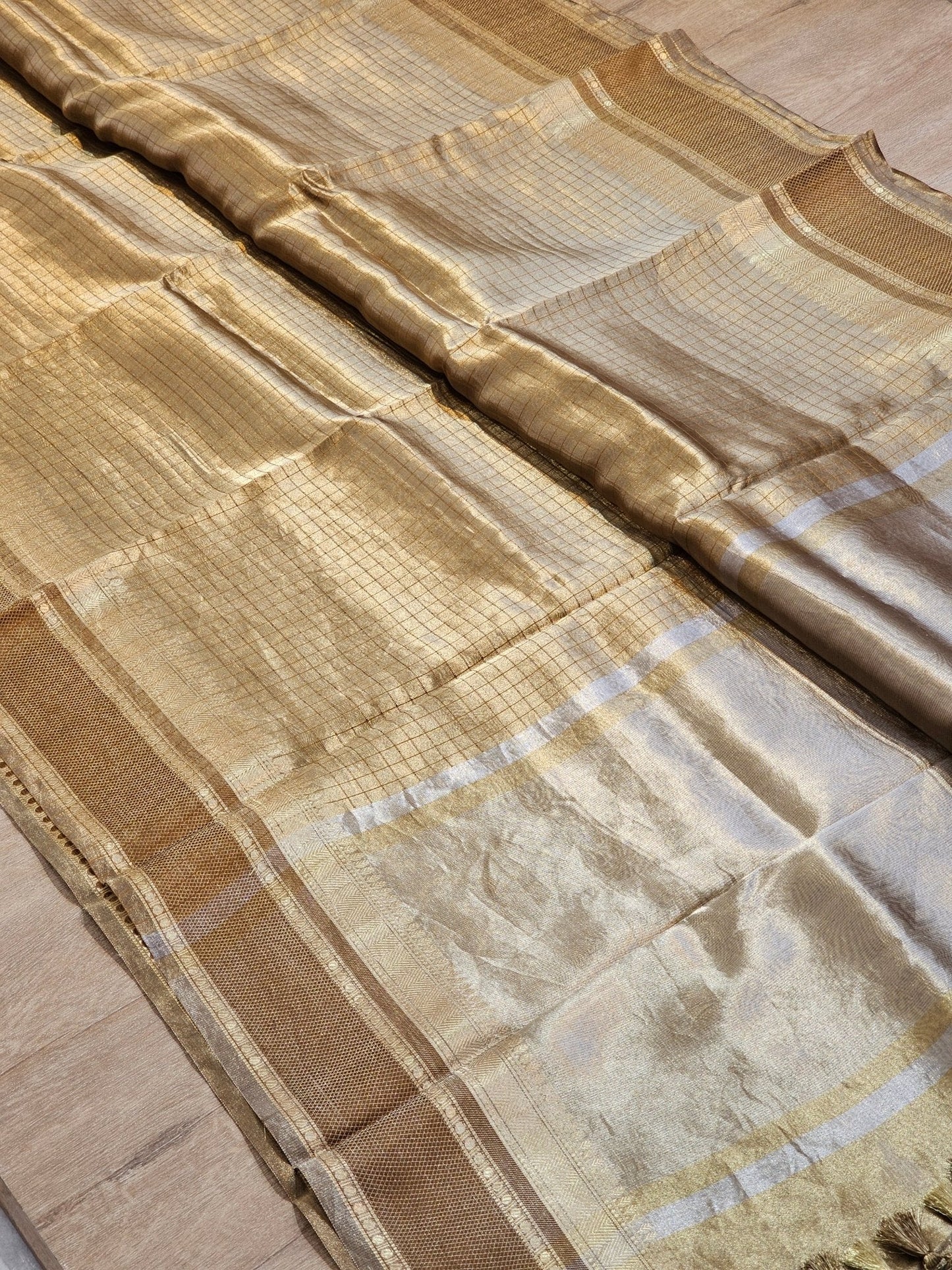 Handwoven Pure Double Tissue Silk Katan Check Saree - styled full look