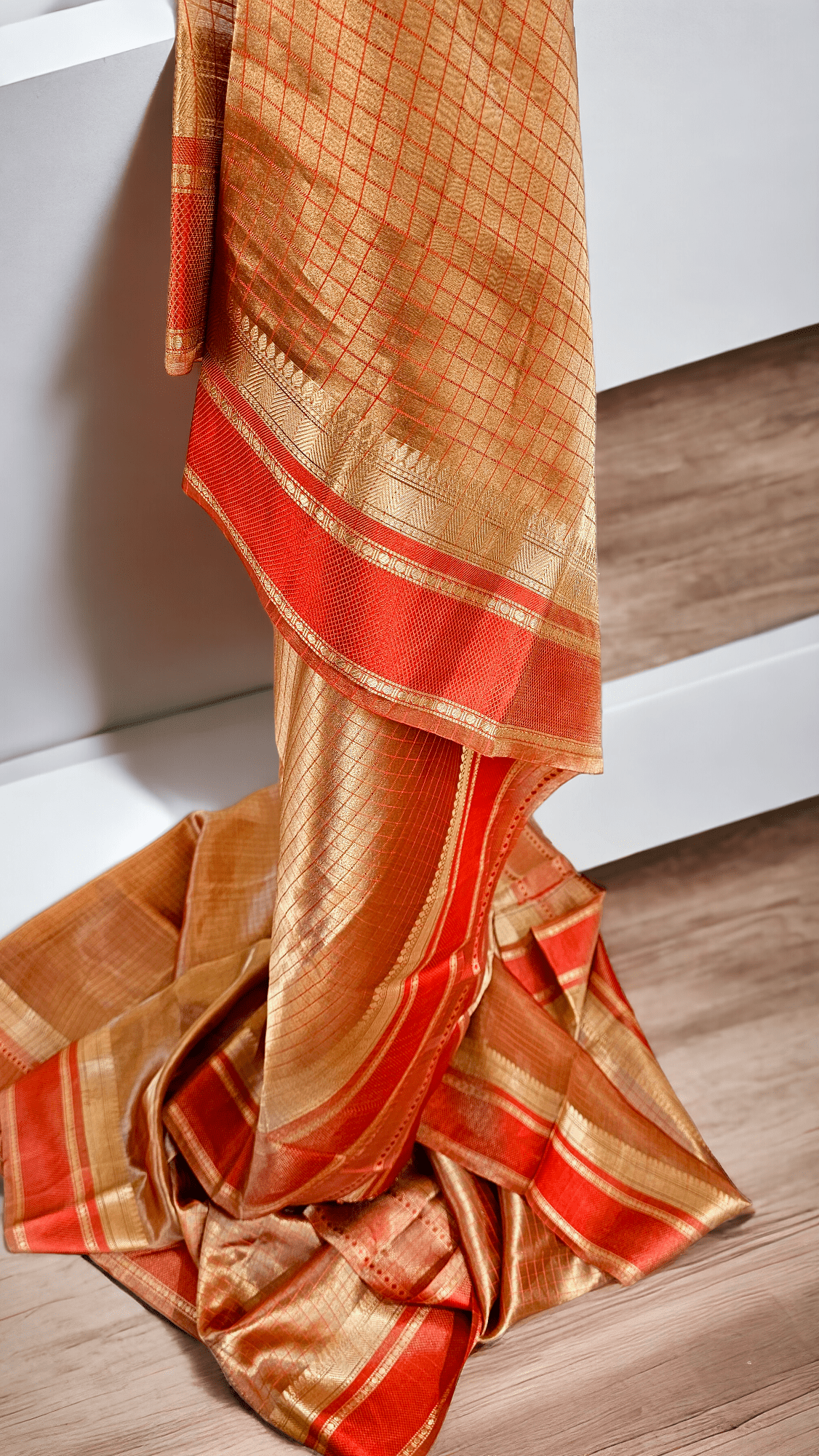 Handwoven Pure Double Tissue Silk Saree with Katan check and Satan border with special tassels and blouse - Resham Wala