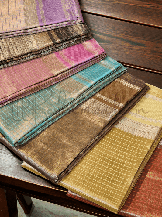 Handwoven Pure Double Tissue Silk Saree with Katan check and Satan border with special tassels and blouse - Resham Wala