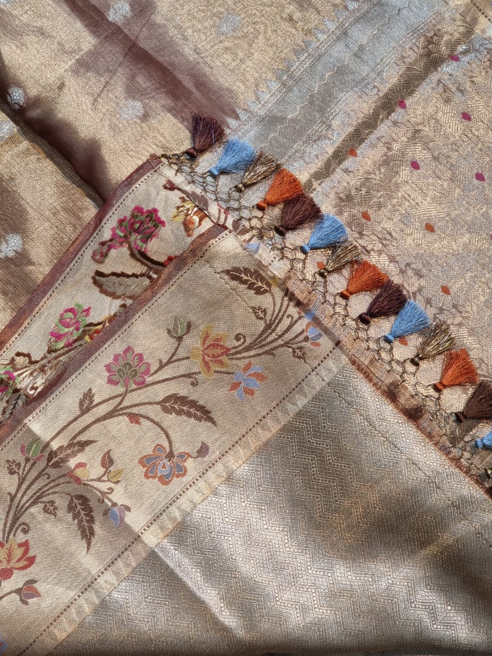 Handwoven Pure Double Tissue Silk Saree with multi paithni border buti and brocade blouse with special tassels - Resham Wala