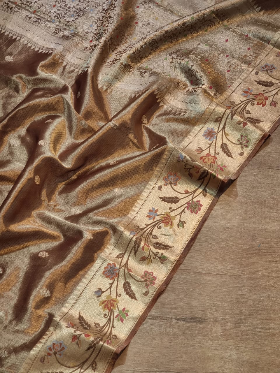 Handwoven Pure Double Tissue Silk Saree with multi paithni border buti and brocade blouse with special tassels - Resham Wala