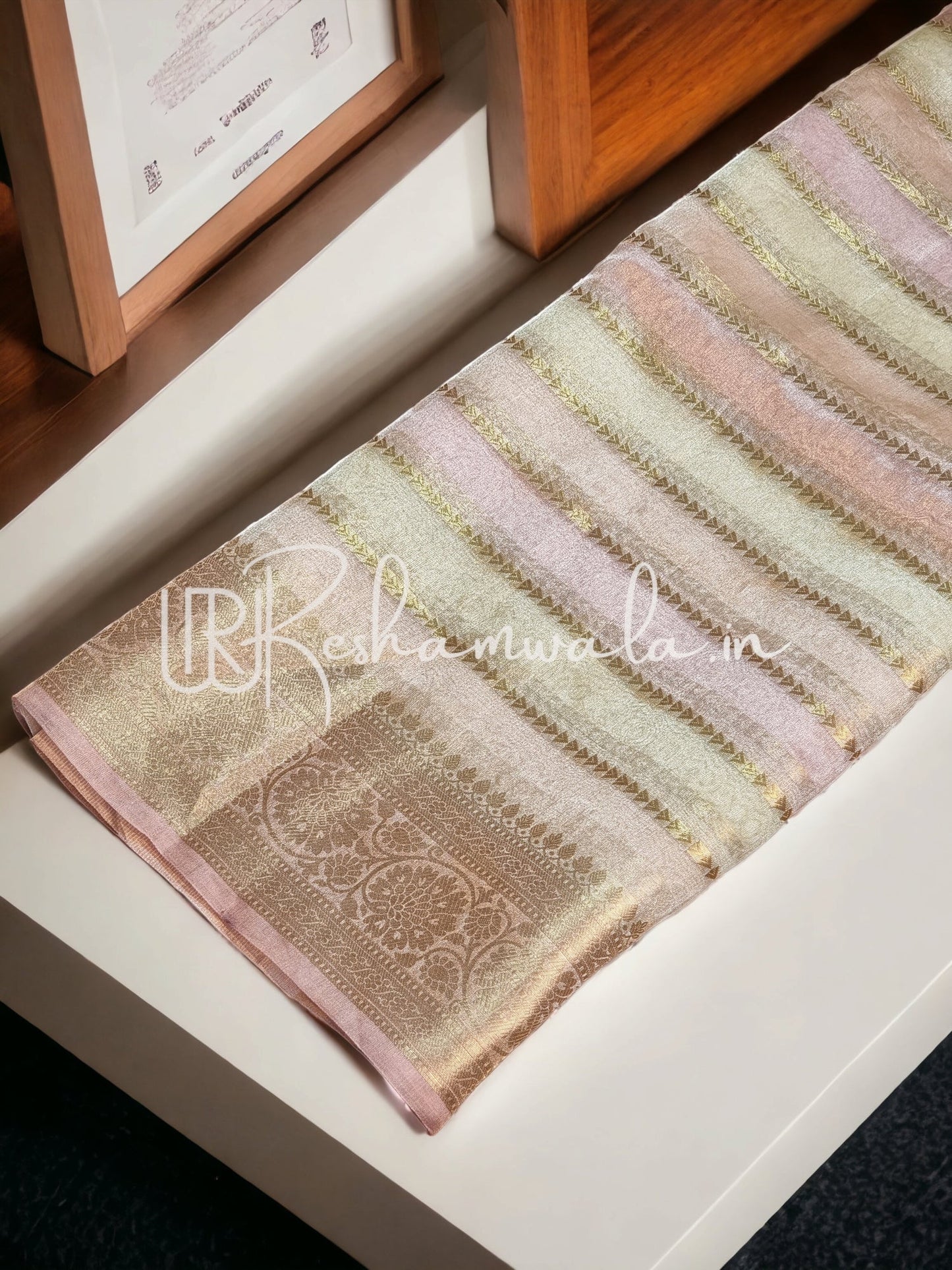 Handwoven Pure Tissue Organza Silk Banarasi Border & Stripes Saree with blouse and special tassels - Resham Wala